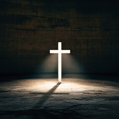 Naklejka premium A white cross is lit up in a dark room