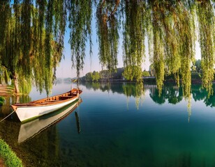 Obraz premium Weeping willow and boat on the Adda in Brivio, Lombardy, Italy