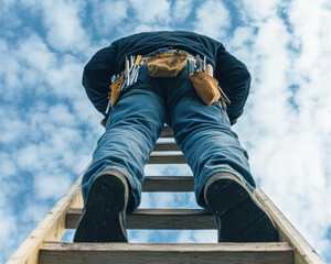 A man in blue jeans is climbing a ladder