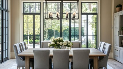 Modern farmhouse dining room with large windows overlooking a backyard.