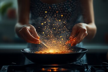 A woman magically sprinkles spices into a hot pan, igniting a burst of culinary sparks and flavors in the kitchen.