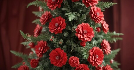 A merry Christmas tree ornament made of delicate paper flowers and greenery in a festive red color scheme, whimsical, icon, red