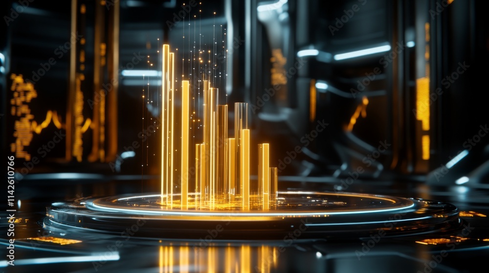 Fototapete futuristic data visualization with golden bars in a dark environment