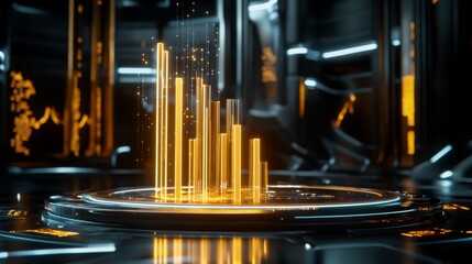 Obraz premium Futuristic Data Visualization with Golden Bars in a Dark Environment