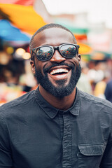 Fototapeta premium A man with a beard and sunglasses is smiling and laughing
