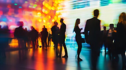 Professionals networking at a colorful event with blurred motion showing active conversations and energy