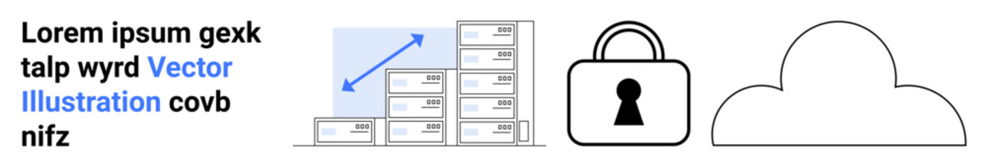 Text elements with blue highlighted word, ascending bar chart, lock icon, and cloud outline. Ideal for data security, cloud storage, IT services, cybersecurity, technology web development digital