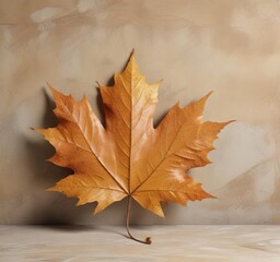 A single large maple leaf against a warm beige stone background, autumn leaf, earthy tones, leaf details