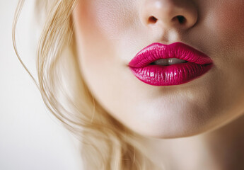 Bright pink lipstick highlights lips of a model with flowing blonde hair in a soft light setting