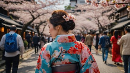 Fototapeta premium A young Asian woman, adorned in a vibrant kimono, strolls through a street lined with blossoming cherry trees. The soft pink and blue hues create a serene and picturesque atmosphere.