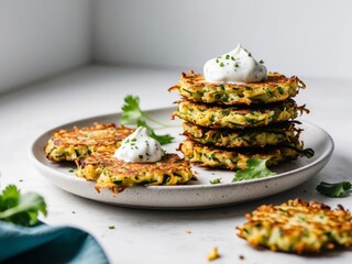 delicious vegan vegetables fritters zucchini and sour cream