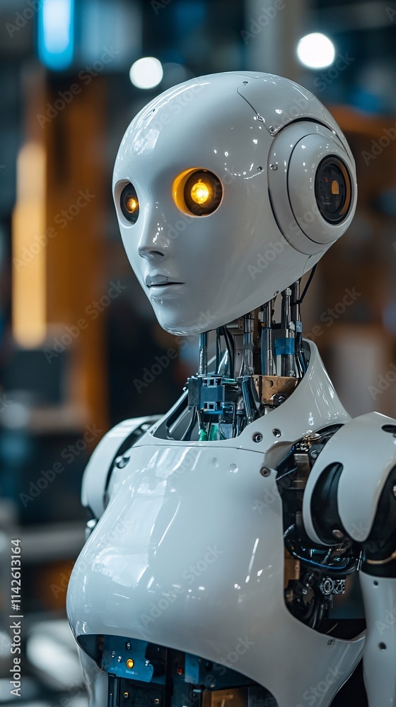 Poster White humanoid robot showing artificial intelligence processing information