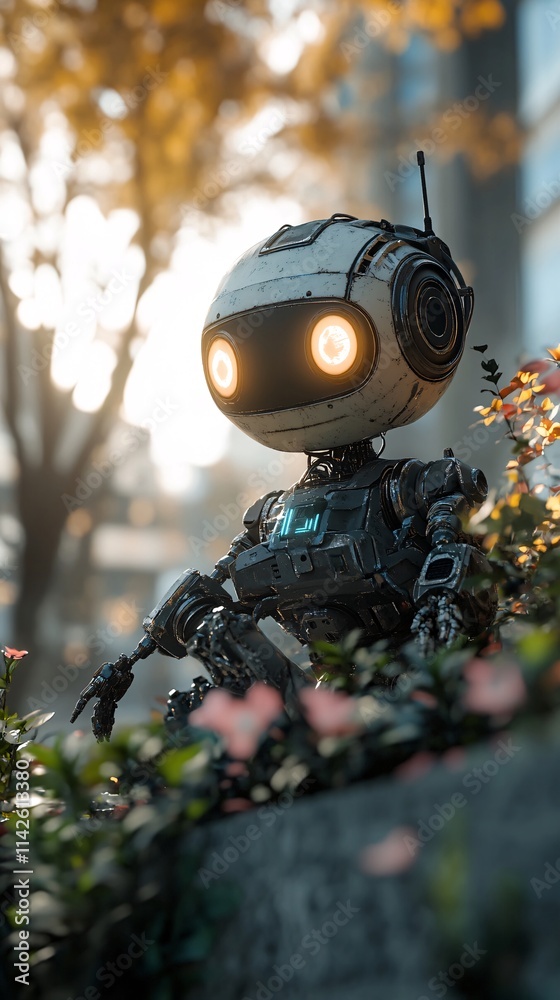 Poster small robot exploring nature in urban setting during golden hour