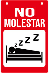 A door sign in spanish that says and means : do not disturb. Sleeping