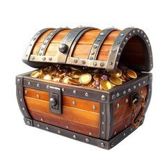 Open treasure chest overflowing with gold coins, isolated on PNG cutout background.