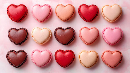 Fototapeta premium Heart-shaped macarons arranged in a vibrant display for a festive celebration or romantic occasion