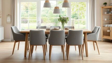 Modern dining room with wooden table and grey chairs, large windows and natural light.