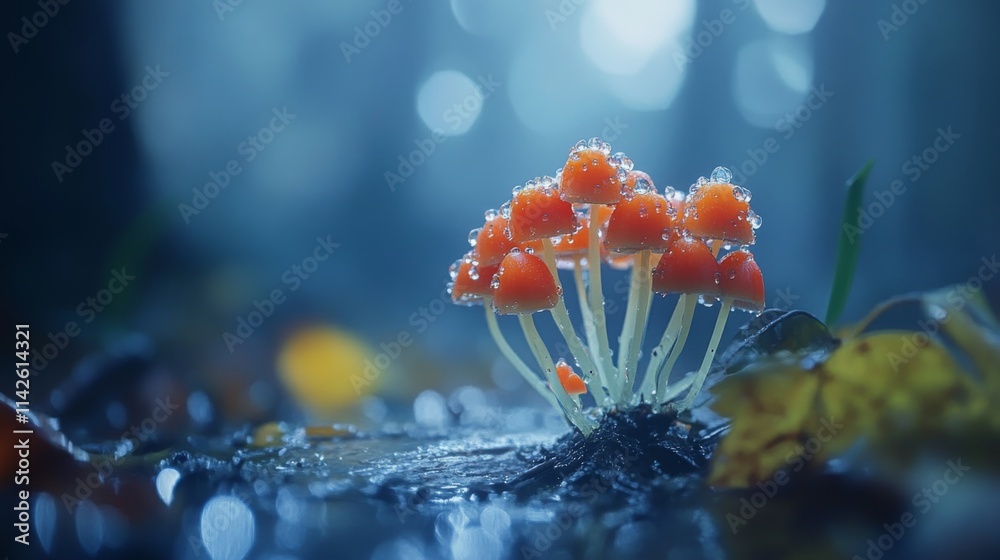 Poster vibrant orange mushrooms with dew drops in a mystical forest setting