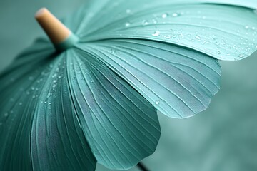 Close-up view of a teal umbrella with water droplets, showcasing its delicate texture and artistic appeal.