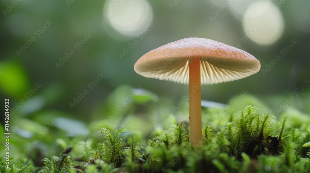 Poster delicate mushroom growing on lush green forest floor with bokeh