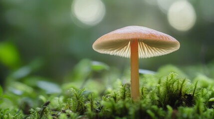 Fototapeta premium Delicate Mushroom Growing on Lush Green Forest Floor with Bokeh