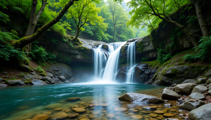 Serene Waterfall & Lush Forest, Pristine River Scene