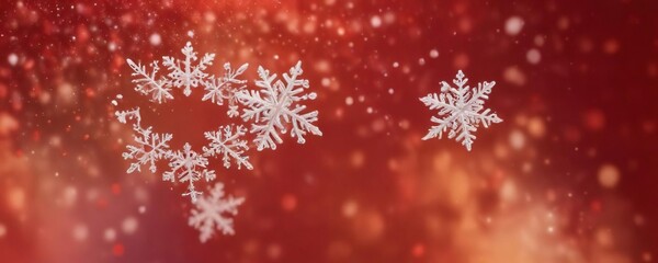 Close-up of small snowflakes gently floating in mid-air against a vibrant red gradient background with soft focus effect, red gradient, snowflake close-up