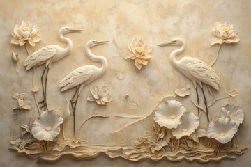 Beige 3D wall art of cranes and lotuses.