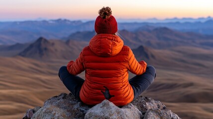 Finding Peace on the Mountaintop: A lone hiker finds serenity as the sun rises over a breathtaking mountain range, capturing the essence of solitude and connection with nature. 