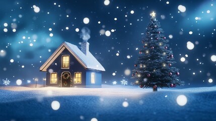 Fototapeta premium A 3D rendering of a Christmas house showcasing a beautifully decorated Christmas tree, falling snowflakes, and festive atmosphere. Cartoon style bright colors, soft lighting, and deep blue background