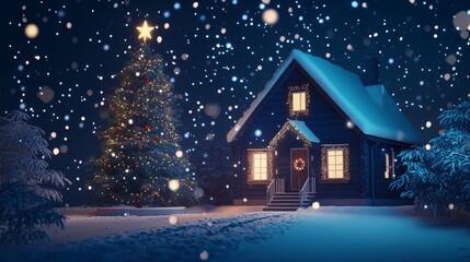 A 3D rendering of a Christmas house showcasing a beautifully decorated Christmas tree, falling snowflakes, and festive atmosphere. Cartoon style bright colors, soft lighting, and deep blue background
