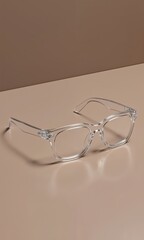Transparent eyeglasses with clear frames on a neutral brown background. Studio shot with reflection. Eyewear design for banners, posters, and advertisements.