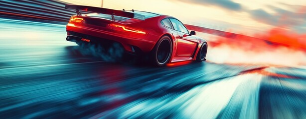 Red sports car drifting around racetrack corner with motion blur. Speed and adrenaline