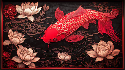 Chinese New Year red paper cutting of koi fish with lotus flowers