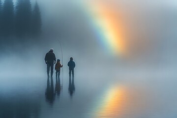 A misty morning fishing trip with a colorful rainbow reflection.