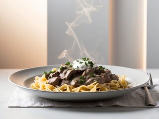 Delicious beef stroganoff on egg noodles - comfort food delight