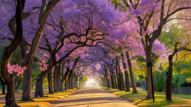 A peaceful park path is adorned with vibrant jacaranda trees, their purple blossoms creating a stunning canopy during a serene morning, inviting leisurely strolls.