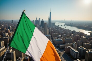 Vibrant irish flag flying over new york city skyline at sunrise, symbolizing cultural connection and diversity