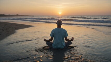 A man meditates on the beach at sunset, finding peace in the tranquil ocean view. The warm colors of the sunset create a serene atmosphere.