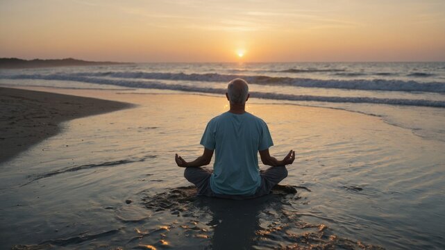 A man meditates on the beach at sunset, finding peace in the tranquil ocean view. The warm colors of the sunset create a serene atmosphere.