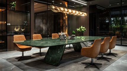 Fototapeta premium Modern green marble dining table with brown leather chairs in a luxury interior.