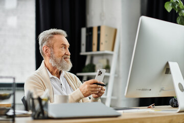 Handsome senior man holds a smartphone, focused on his computer in a modern workspace.