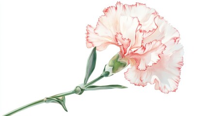 A delicate watercolor painting of carnations, showcasing soft pink and white wrinkled petals, delicate shadows, and slender green stems against a pure white background