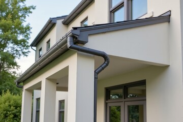 Obraz premium Modern house exterior with white walls, black gutters, and windows.