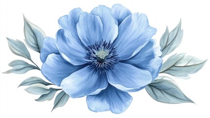 Single light blue flower with gray-green leaves on white background.