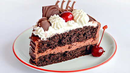 Piece of black forest cake with chocolate, cherry, and whipped cream served on a ceramic plate, german dessert perfect for celebrations, layered chocolate cake with cherries and creamy topping