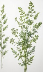 Delicate watercolor drawing of thyme, chervil, and dill with a white background, fragrant herbs., culinary ingredients, organic gardening
