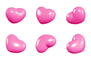 Pink heart shaped balloons shown from different angles highlighting shiny surface texture. 3D vector decorative element for romantic event, Valentine day celebration, festive party design.
