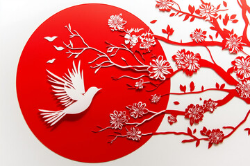 Chinese New Year red paper cutting of bird and cherry blossoms