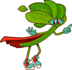 Cartoon groovy spinach vegetable retro superhero character. Isolated vector greenery brave warrior or defender super hero hippie personage in cape and mask. Funky y2k fairytale healthy vitamin food